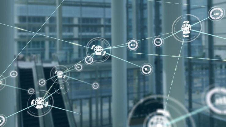 Animation of network of connections with icons over office and cityscape