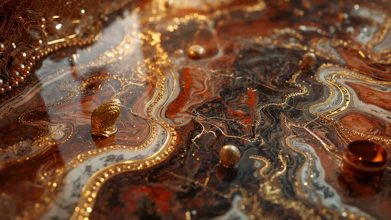 Abstract fluid showing wave shifting pigments on tabletop, featuring vessel fragment and sphere