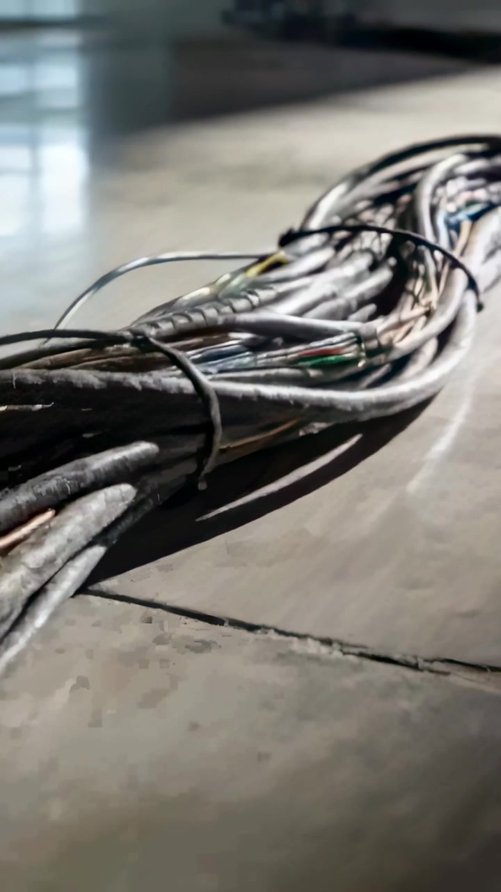 Vertical video: Panning camera inspecting cable bundle on shop floor, revealing zip ties, copper