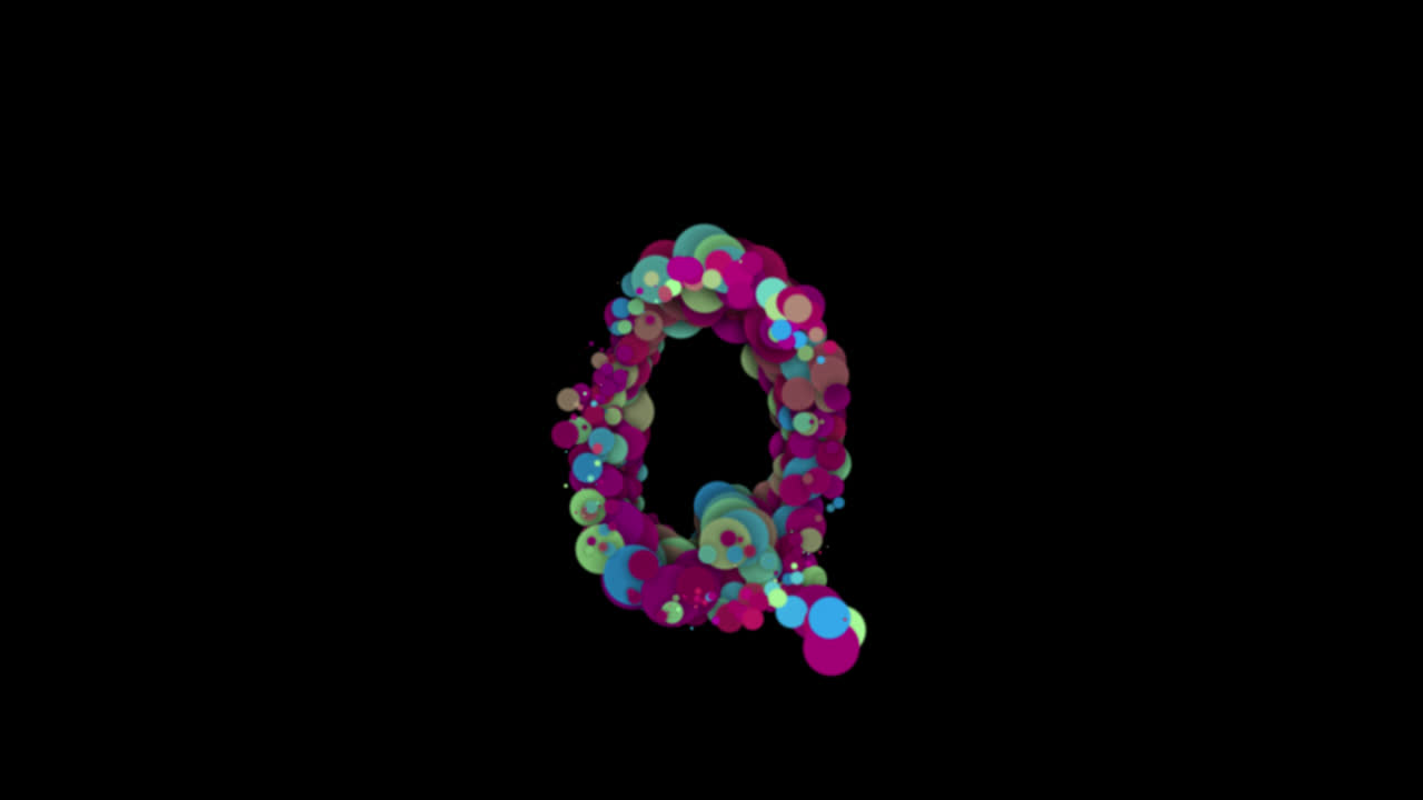 Colorful particle bubbles forming letter Q on transparent background