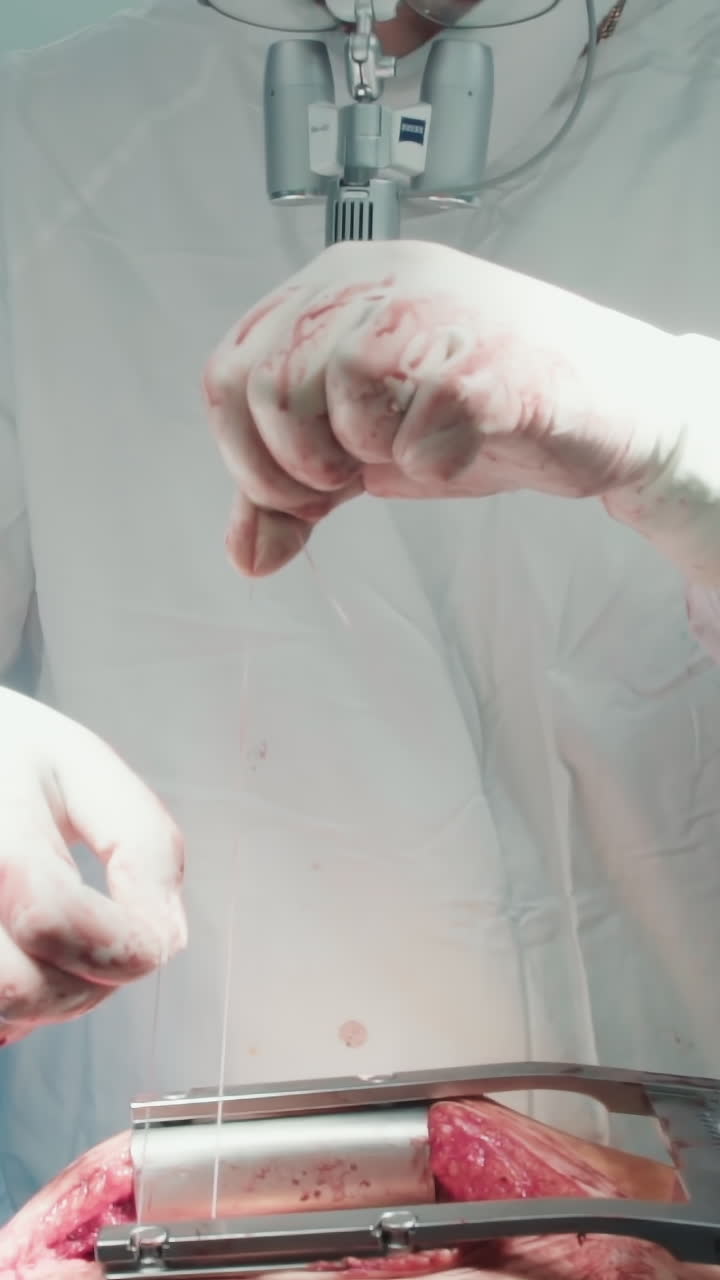 Surgeon meticulously closes chest incision. Doctor uses absorbable sutures to seal facial layer ensuring proper closure after coronary artery bypass operation