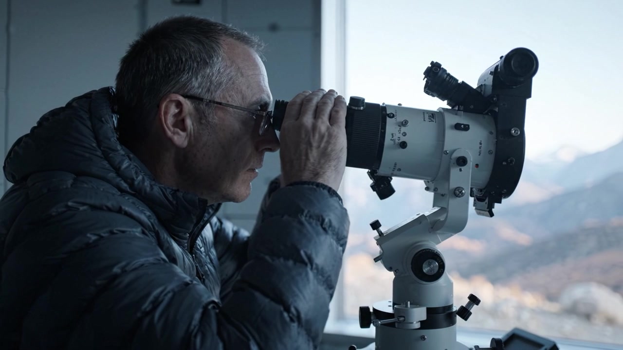 Man Observing Through a Telescope from a High Altitude Location, Focused on Astronomy and Exploration Amidst a Scenic Mountain Landscape