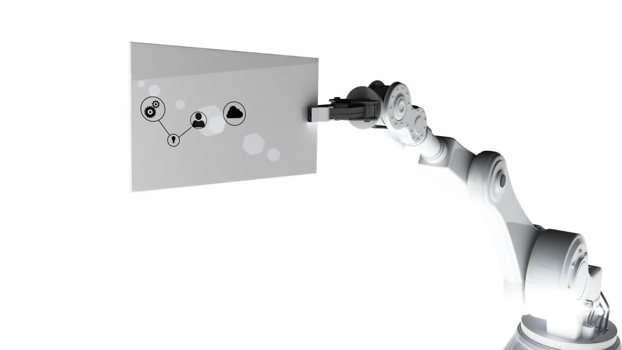 video generado digitalmente del brazo robótico blanco que sostiene la tarjeta con el icono de red