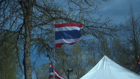 flags of thailand fly in sunny spring breeze at festival kiosk tent