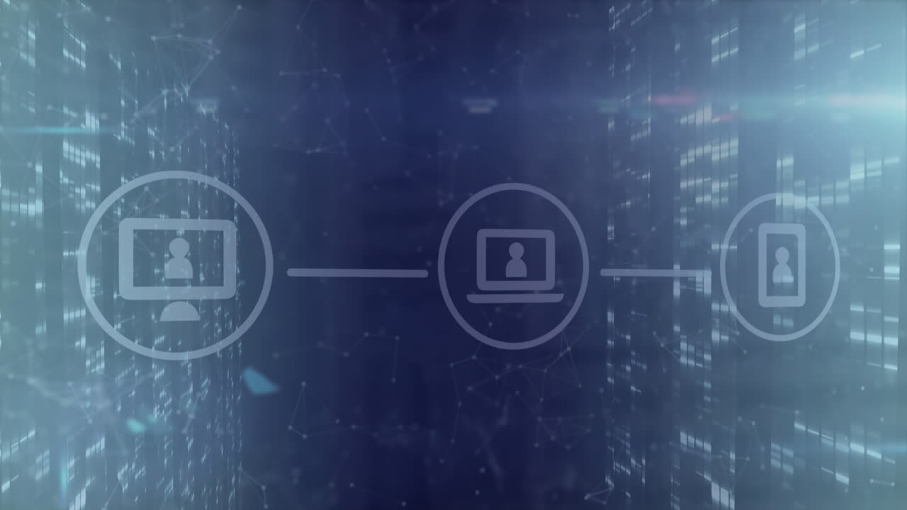 Animation of network of digital icons and screens of mosaic sqaures against blue background