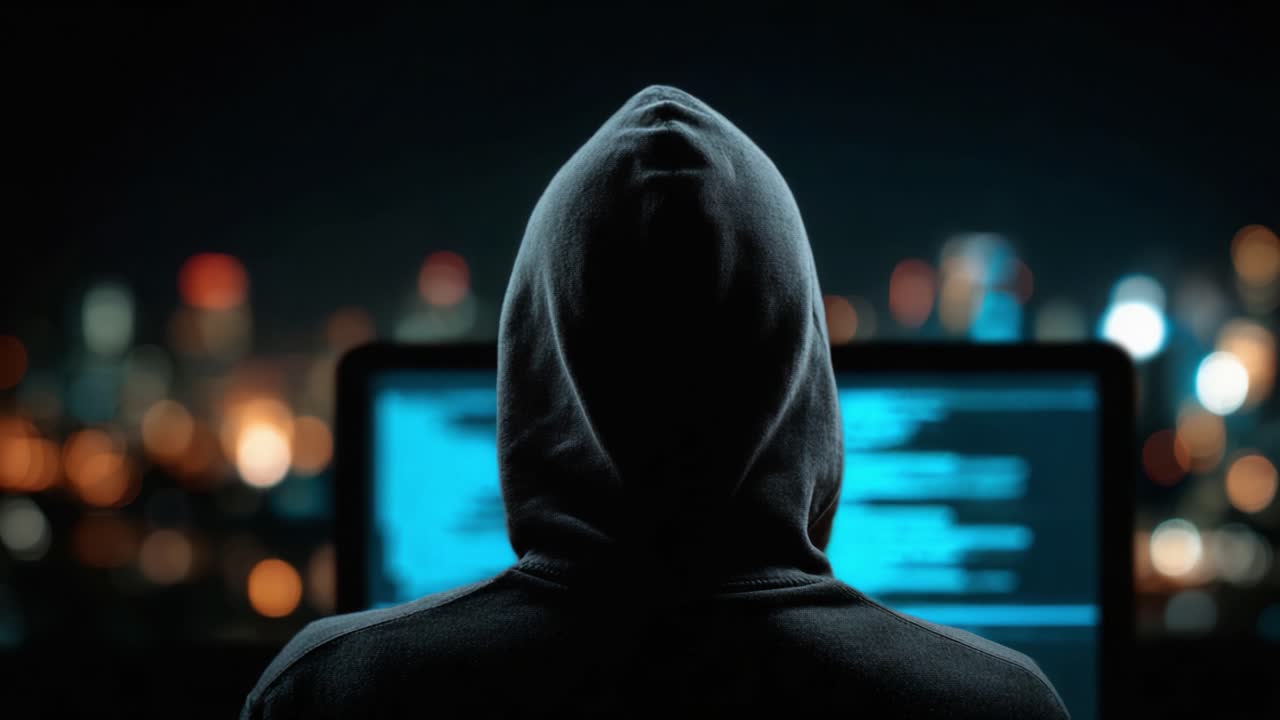 En mystisk person i en hættetrøje engageret i digitale aktiviteter mod en byudsigt om natten, oplyst af computerskærme og bylys.