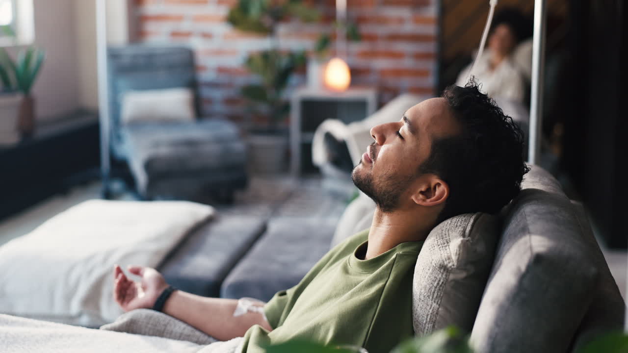 Young Man Resting on Couch While Receiving IV Drip Therapy