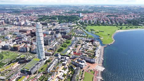 Beautiful-drone-cityscape-of-Malmo-city-in-Sweden