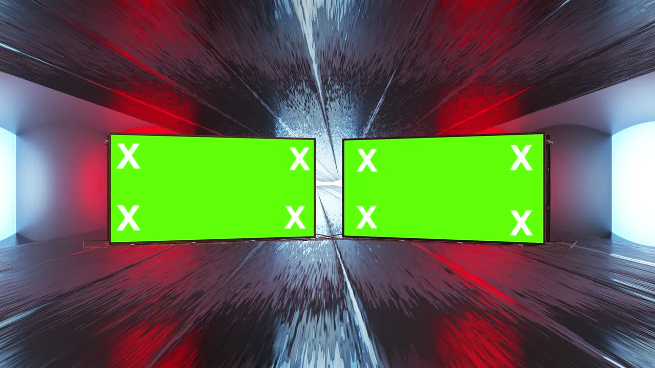 Abstract creative tunnel and green screen alpha channel billboard mock up. Neon, blue purple led bars and technology, sci fi, futuristic cyber punk 3D rendering with blank frame.