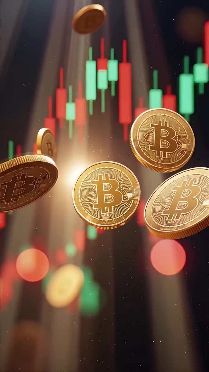 Moedas de Bitcoin douradas com fundo de gráfico de velas desfocado 4K