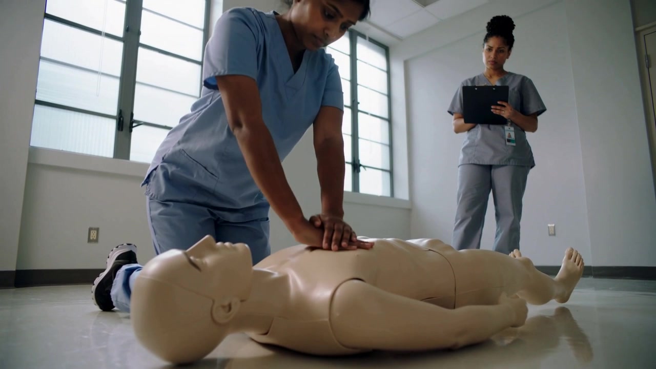 Kneeling trainee in scrubs doing CPR in training room, observer timing for assessment with manikin