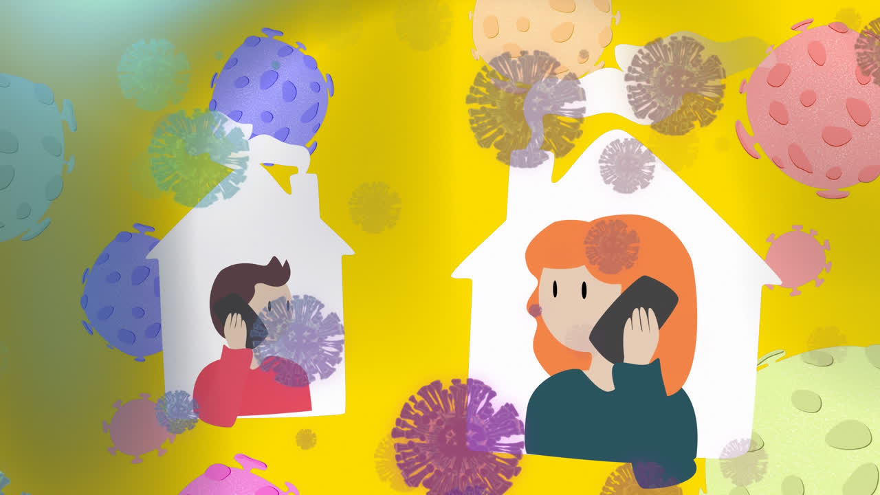 집에서 스마트폰으로 대화하는 남자와 여자, 노란색 배경의 코로나19 세포에 대한 아이콘