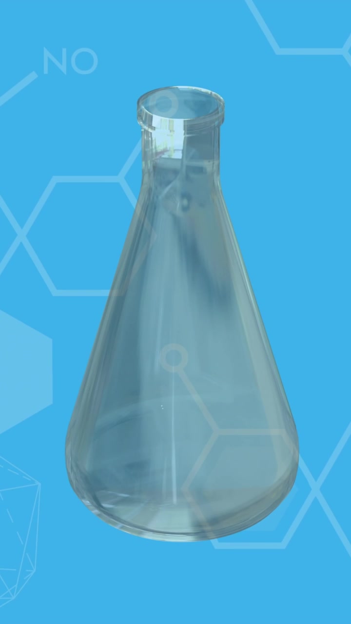 Provetta in rotazione e diagrammi di filamenti di DNA su sfondo blu