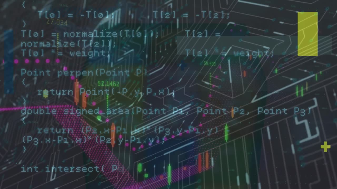 Animation of financial data processing over microprocessor connections against blue background