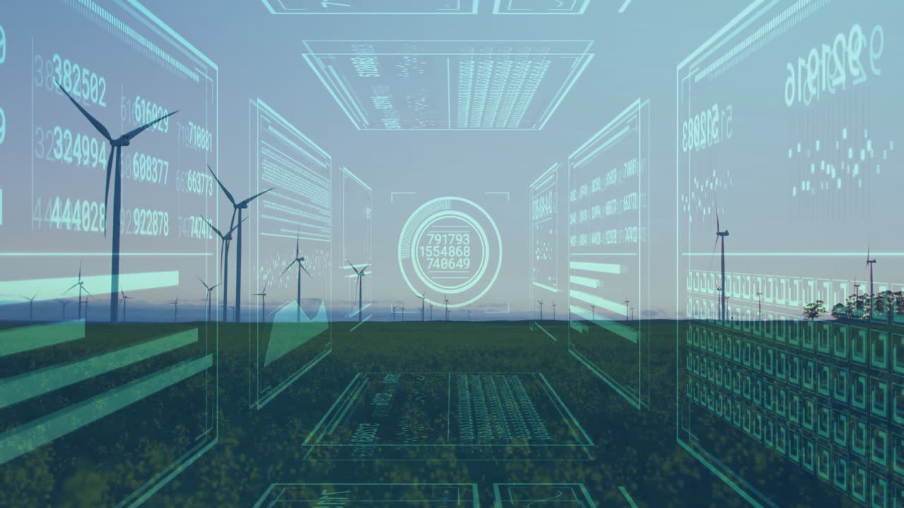 Central circular gauge overlaying meadow with wind turbines showing holographic data panels in 3D