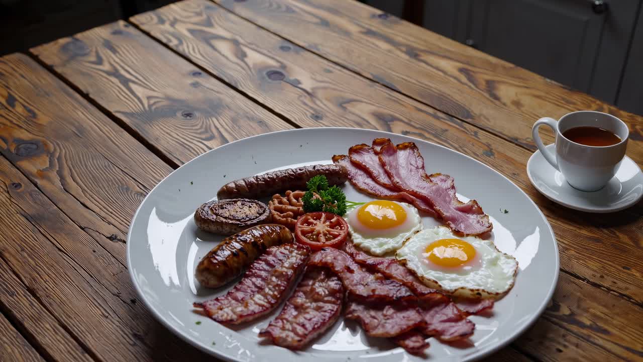 Scena rustica della colazione con uova, bacon e salsicce su un tavolo di legno