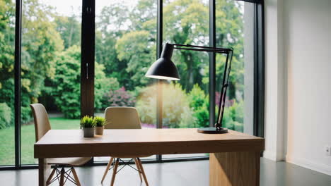 modern home office with desk and garden view