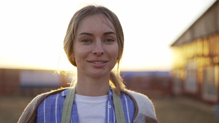 Ritratto di una donna all'aperto dopo il lavoro in serra, stanca.