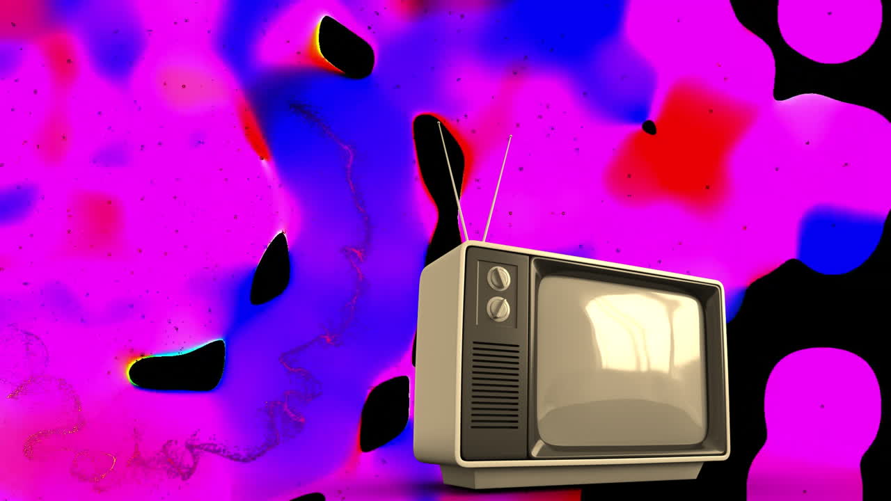 Animation of retro television set with antennas on vibrant pink and blue background