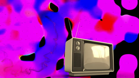 animation of retro television set with antennas on vibrant pink and blue background