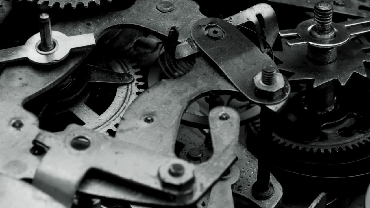 Old vintage watch mechanism working macro black and white 4K