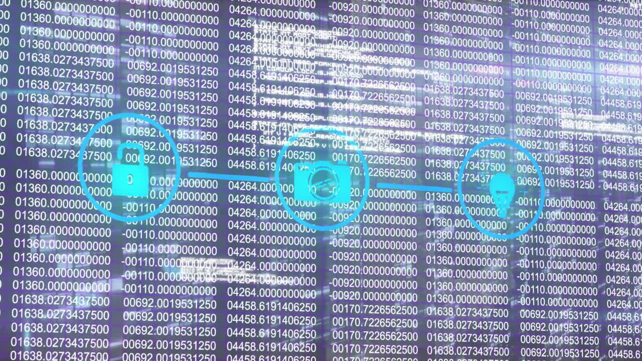 Animation of network of connections with icons over data processing on black background