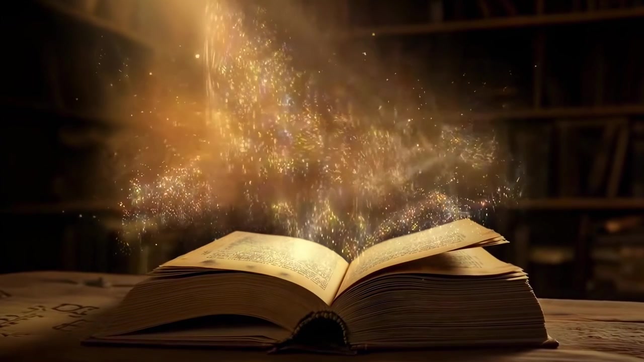 Open Book With Magical Glowing Particles in a Library