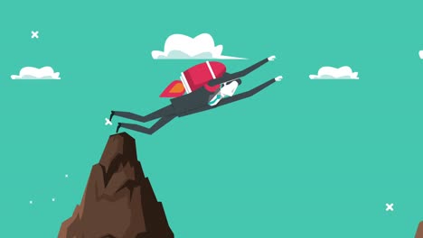 elegante hombre de negocios trabajador volando con cohete y montaña