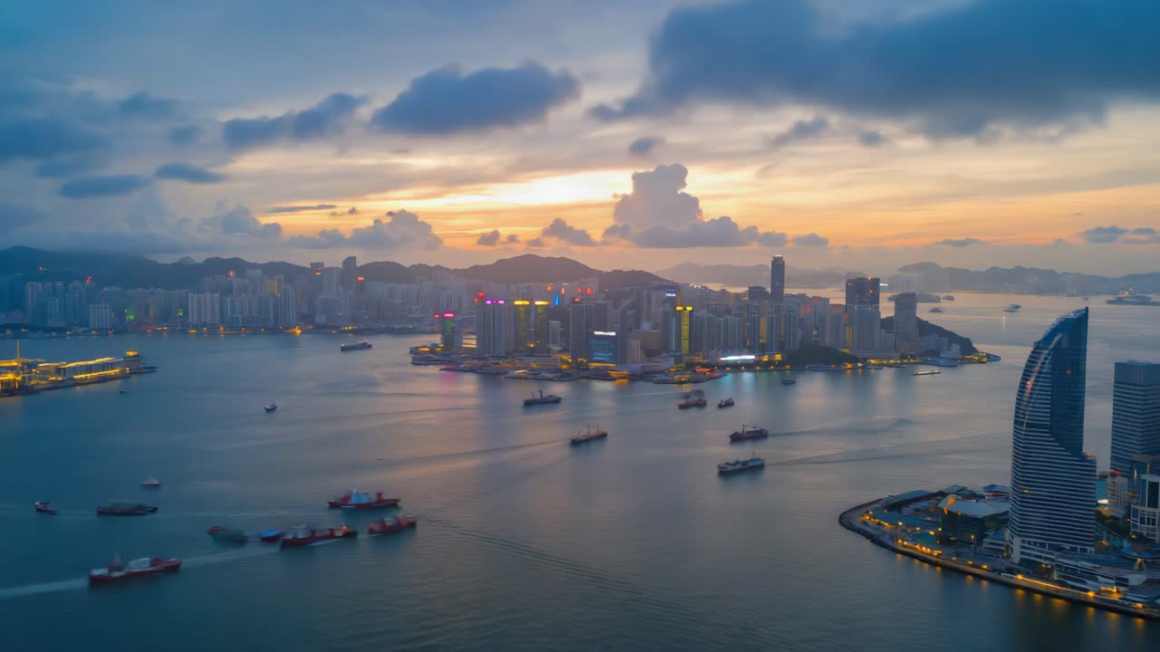 Vibrant City Harbor and Skyline at Dusk with Ships on Water