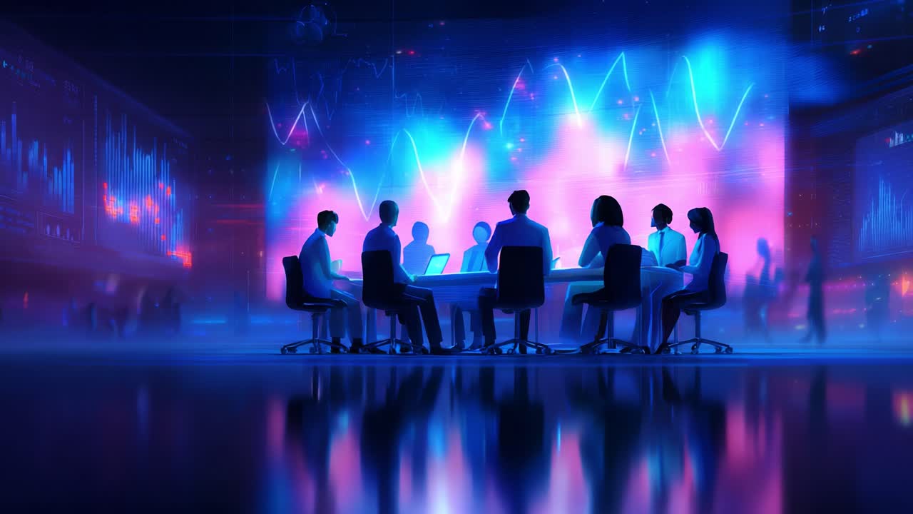 A Dynamic Boardroom Meeting: Engaging Discussions and Strategic Insights Amidst a Vivid Digital Landscape of Data Visualizations and Analytics