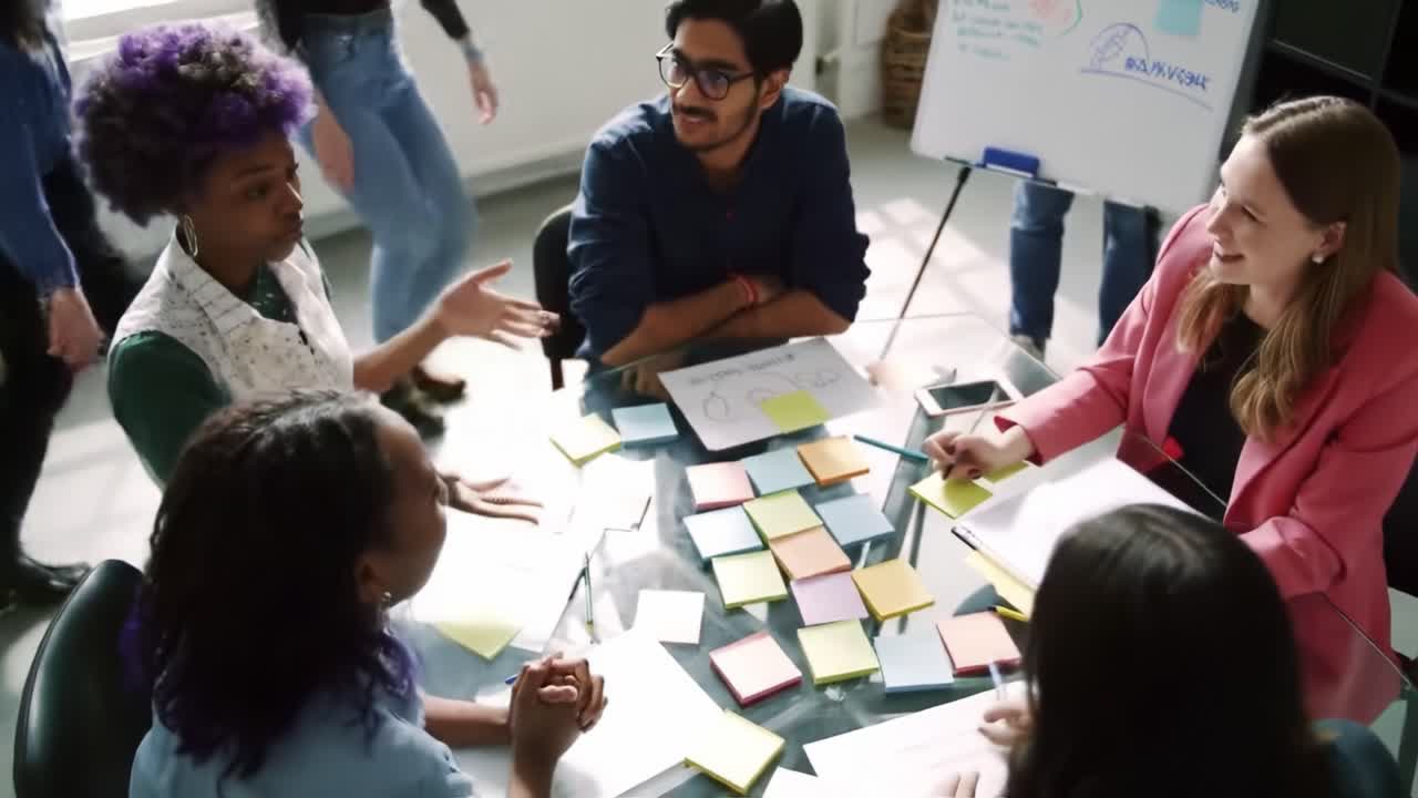 Collaborative Brainstorming Session: A Diverse Team Engages in Innovative Discussions with Sticky Notes and Visual Aids to Generate Creative Ideas and Solutions