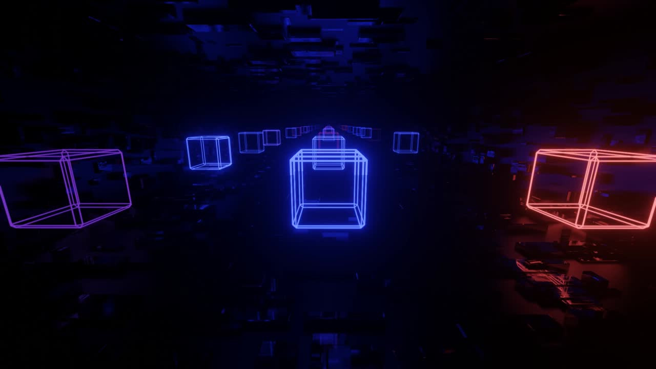 túnel de ciencia ficción de neón de alta tecnología. líneas de brillo de neón trendy forman patrón y construcción en túnel de espejo. volar a través del ciberespacio tecnológico. fondo de 4k sin costuras en bucle 3d. club nocturno de objetos 3d parpadeante