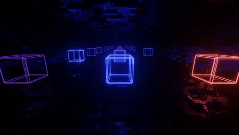 hi-tech neon sci-fi tunel. trendy neon glow lines form pattern and construction in mirror tunnel. fly through technology cyberspace. 3d looped seamless 4k background.flickering 3d object night club