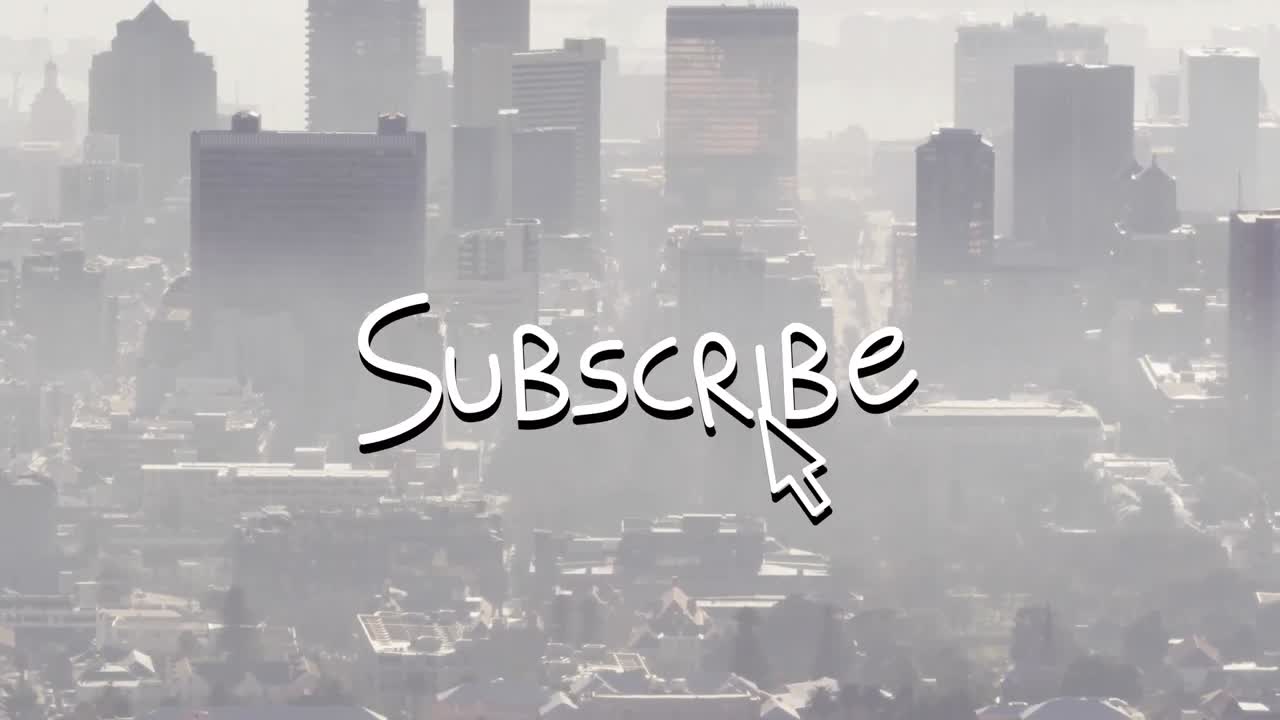animación de flecha con texto de suscripción sobre vista aérea de rascacielos en la ciudad moderna en medio de la niebla