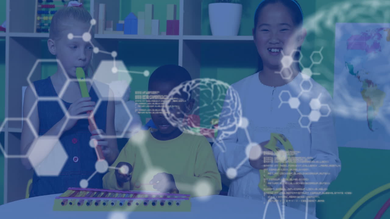 In school, children playing musical instruments with brain and data animation overlay