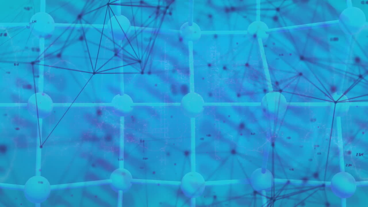 Animation of network of connections with data processing on blue background