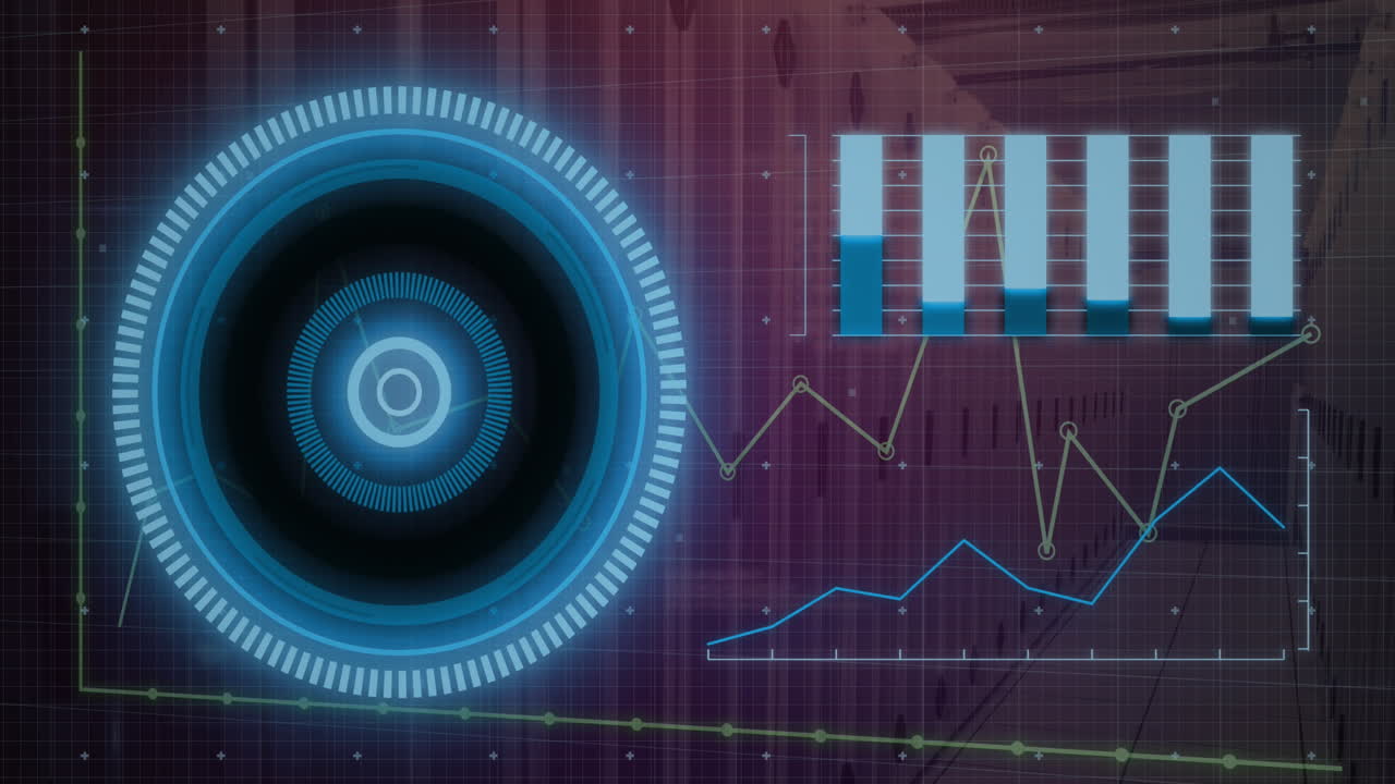 animación del círculo de escaneo y múltiples gráficos que se mueven sobre la sala del servidor de datos