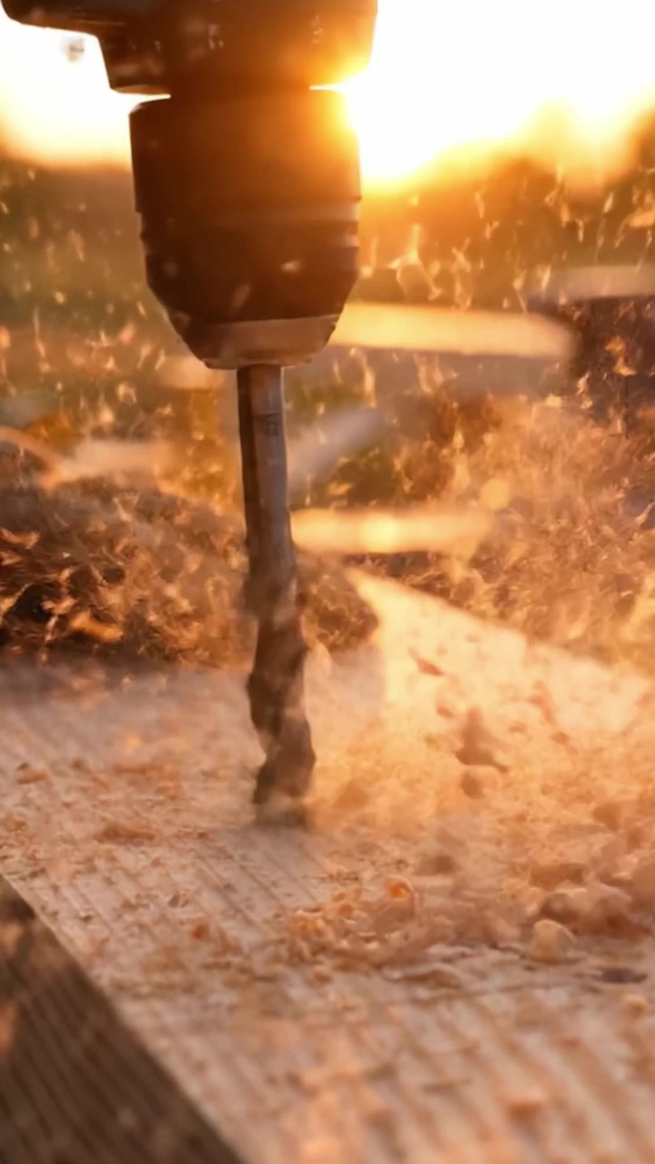 Artigianato in azione: un primo piano di un trapano elettrico che lavora il legno con precisione mentre la segatura vola al tramonto, evidenziando la bellezza dei progetti fai da te.