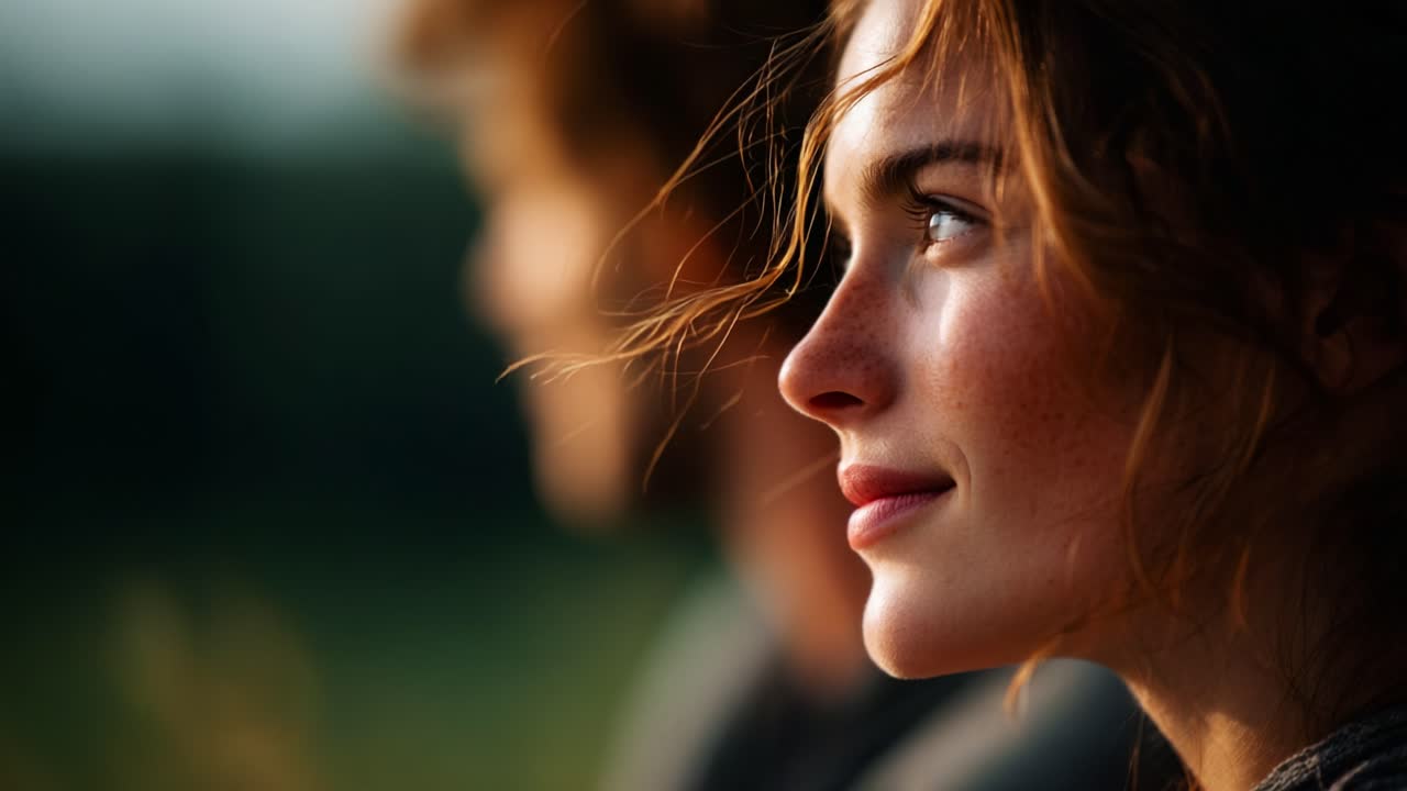 A Beautiful Close-Up of a Young Woman with Freckles, Showing Her Profile Amidst a Soft Background of Nature and Gentle Lighting, Evoking Emotions of Serenity and Reflection