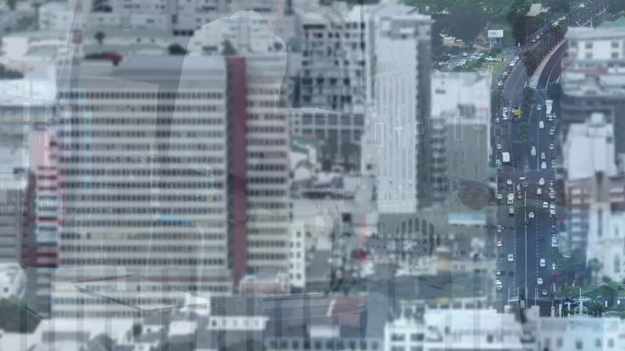 도시 풍경 위의 데이터 처리 애니메이션