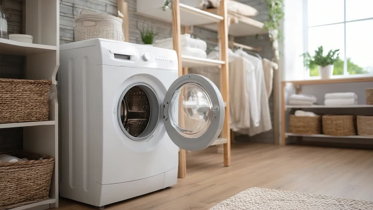 Laundry room with washing machine and organized shelves
