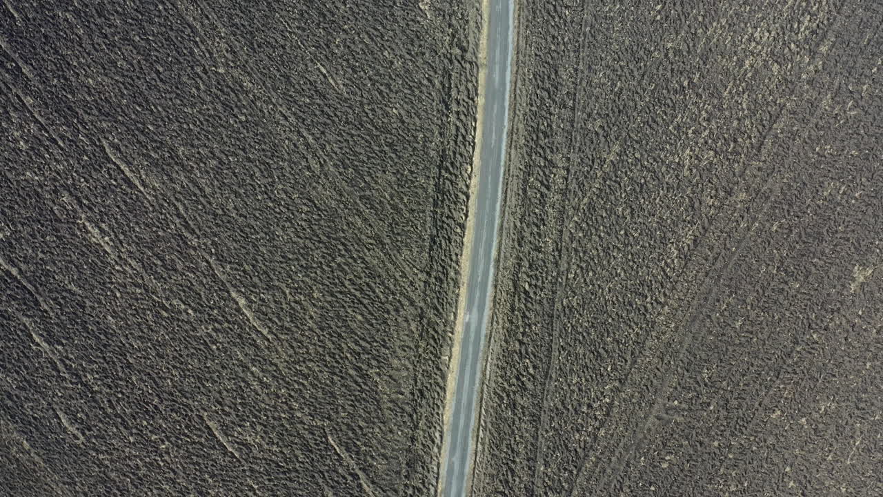 Strada tortuosa e deserta tra due campi agricoli.