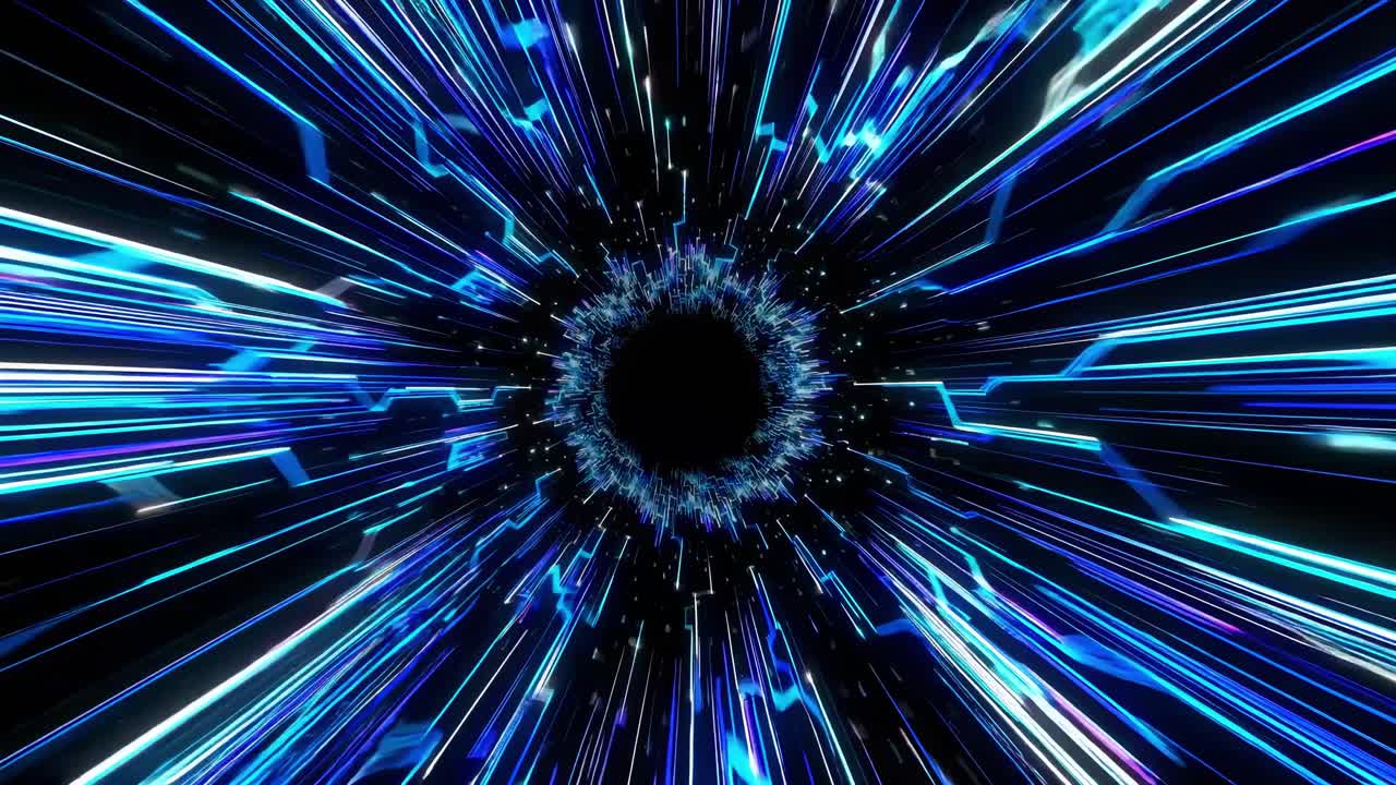 Concetto di video dinamico con uno stile futuristico, che include un tunnel di scie di luce blu