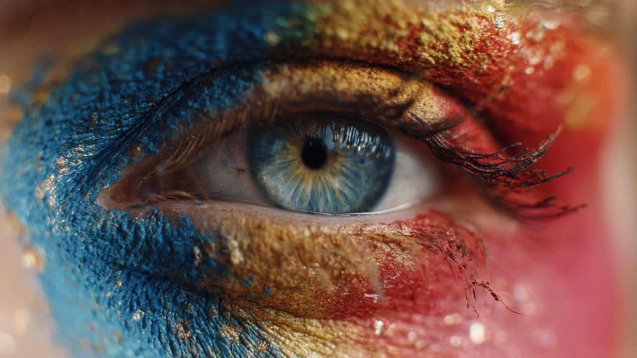 A Close-Up Focus on Artistic Eye Makeup with Vibrant Colors and Textures, Showcasing the Creative Use of Blue, Red, and Gold Face Paint Techniques