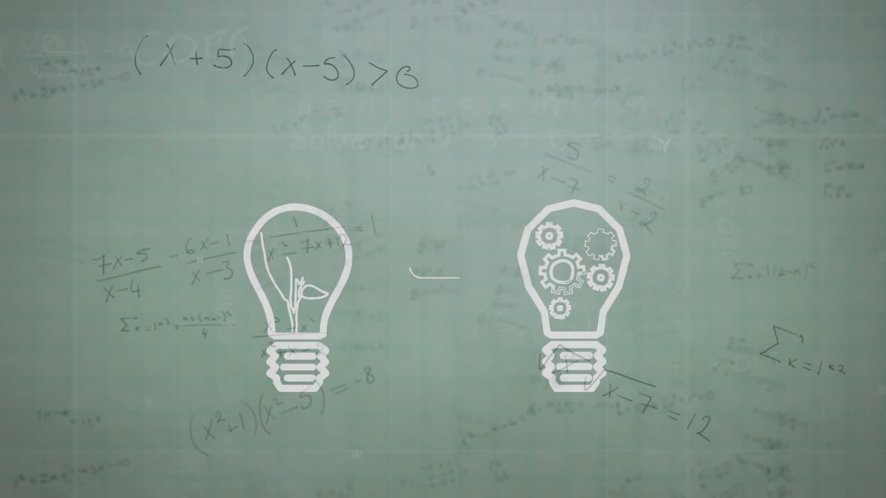 Animation of light bulbs over mathematical equations on white background