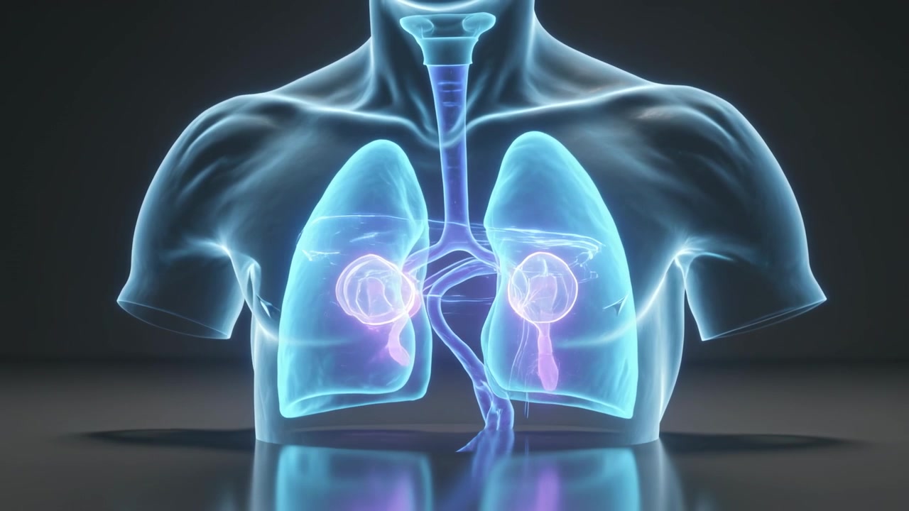 Torso animato in riproduzione, che mostra la respirazione, polmoni ciano che pulsano nuclei magenta in un laboratorio buio per dimostrazione.