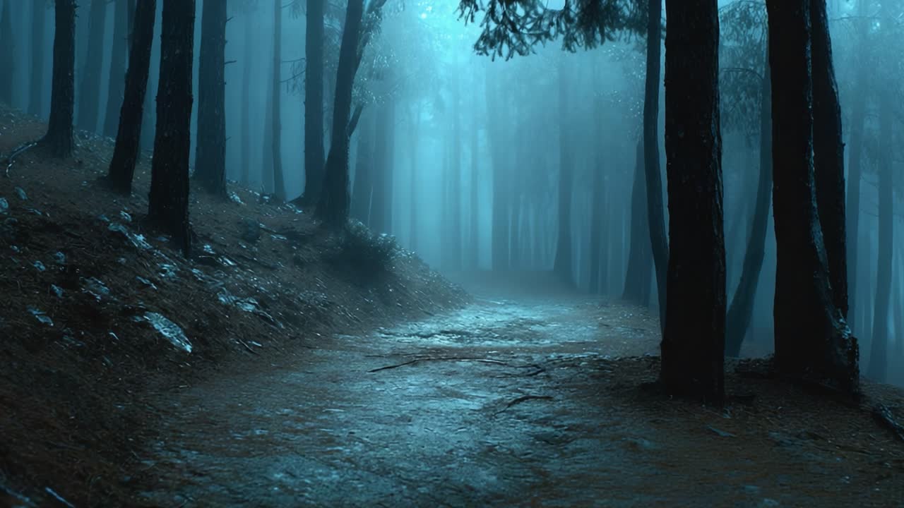 Mysterious Forest Path in Fog: An Enigmatic Journey Through Ethereal Blue Hues and Towering Trees, Creating an Unforgettable Atmosphere of Tranquility and Intrigue