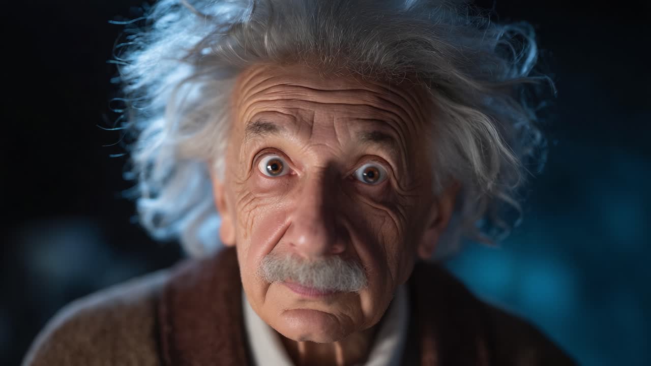 Ritratto di un genio eccentrico con capelli selvaggi e occhi penetranti, che cattura un momento di intensa curiosità e profondità intellettuale, evocando pensiero e riflessione