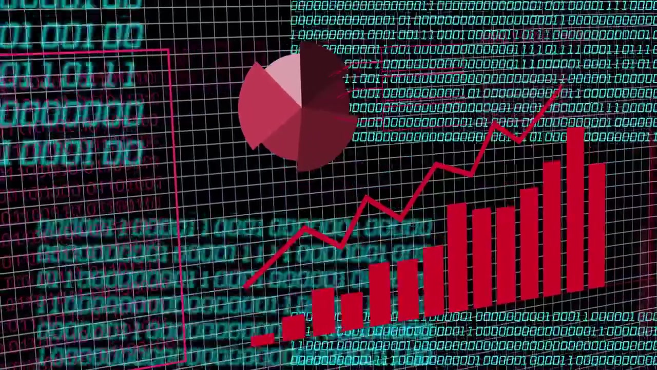 Zooming right, magenta bar chart rising and pie rotating while binary scrolling showing rising data
