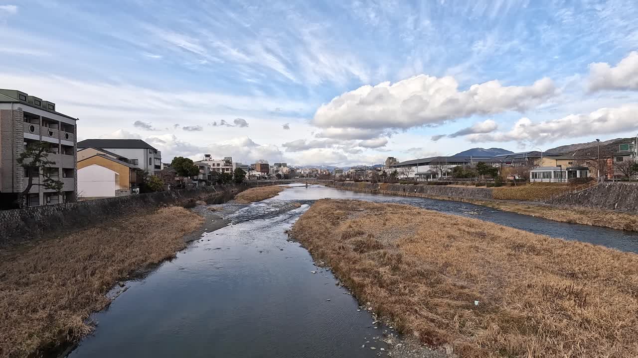 Scenic Aerial View of the Kamo River in Kyoto with Clear Sky, Flowing Water, and Residential Neighborhoods on Both Sides